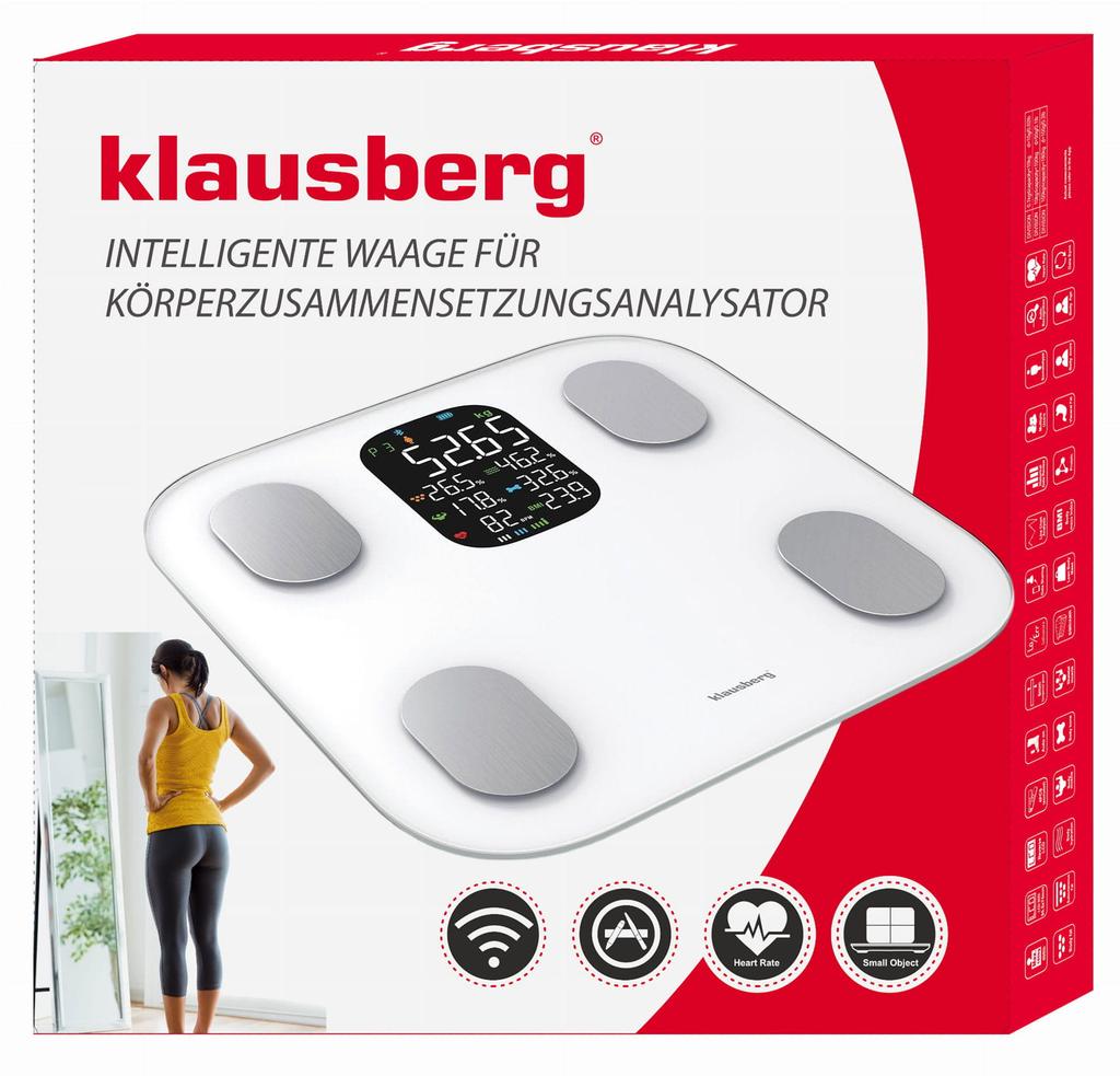 Waga łazienkowa z pomiarem tkanki tłuszczowej i składu ciała, Smart, BT, KLAUSBERG KB-7855 biała