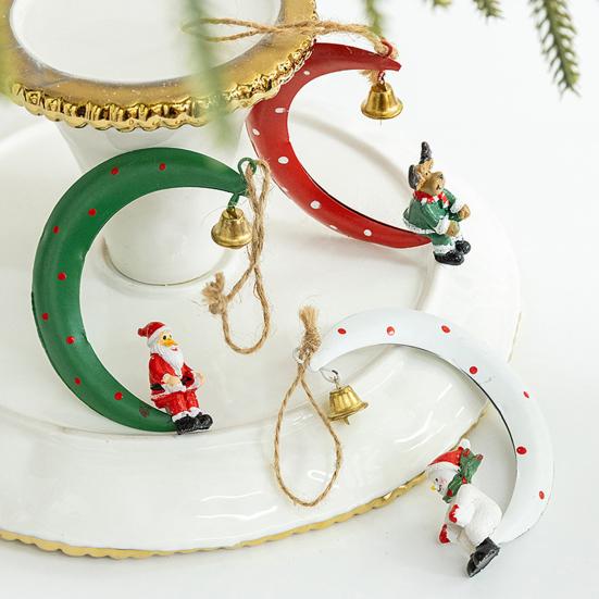 Christmas Pendant Moon Shape Design Christmas Elements Snowman Santa Claus Elk Hanging Pendant Holiday Atmosphere Ornament