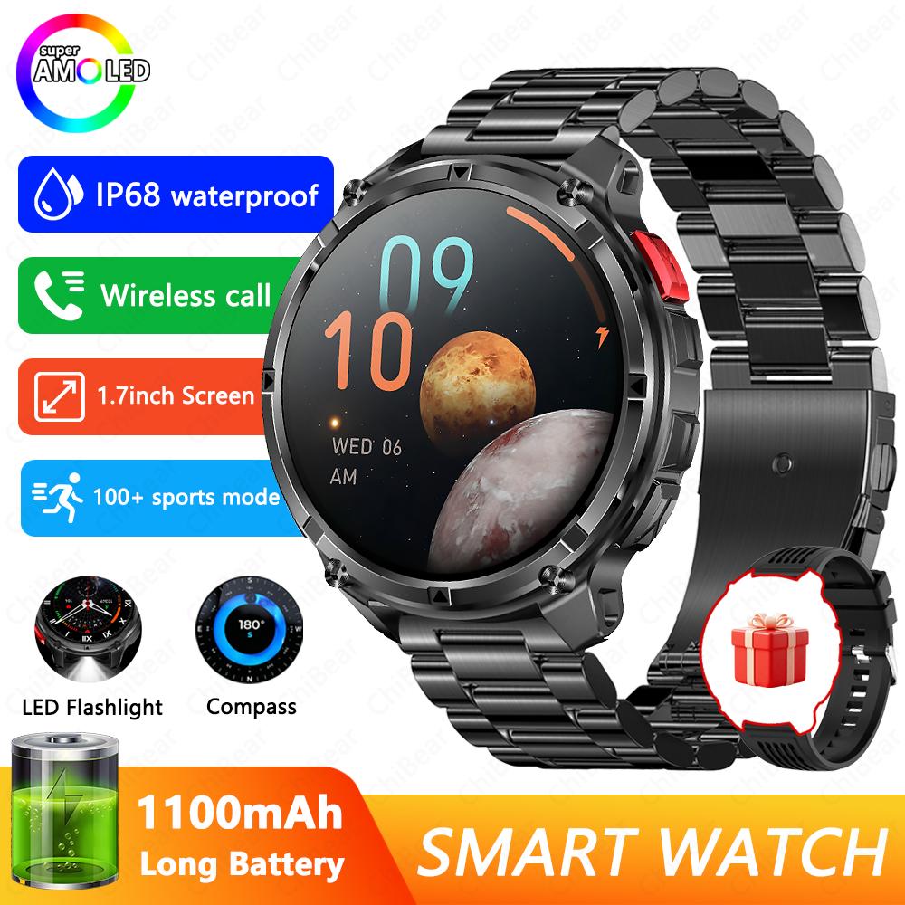 Militärische 1100mAh Super-Große Batterie Herren Kompass Smartwatch 1,7-Zoll AMOLED Bluetooth-Anruf IP68 Wasserdicht Sport Smartwatch