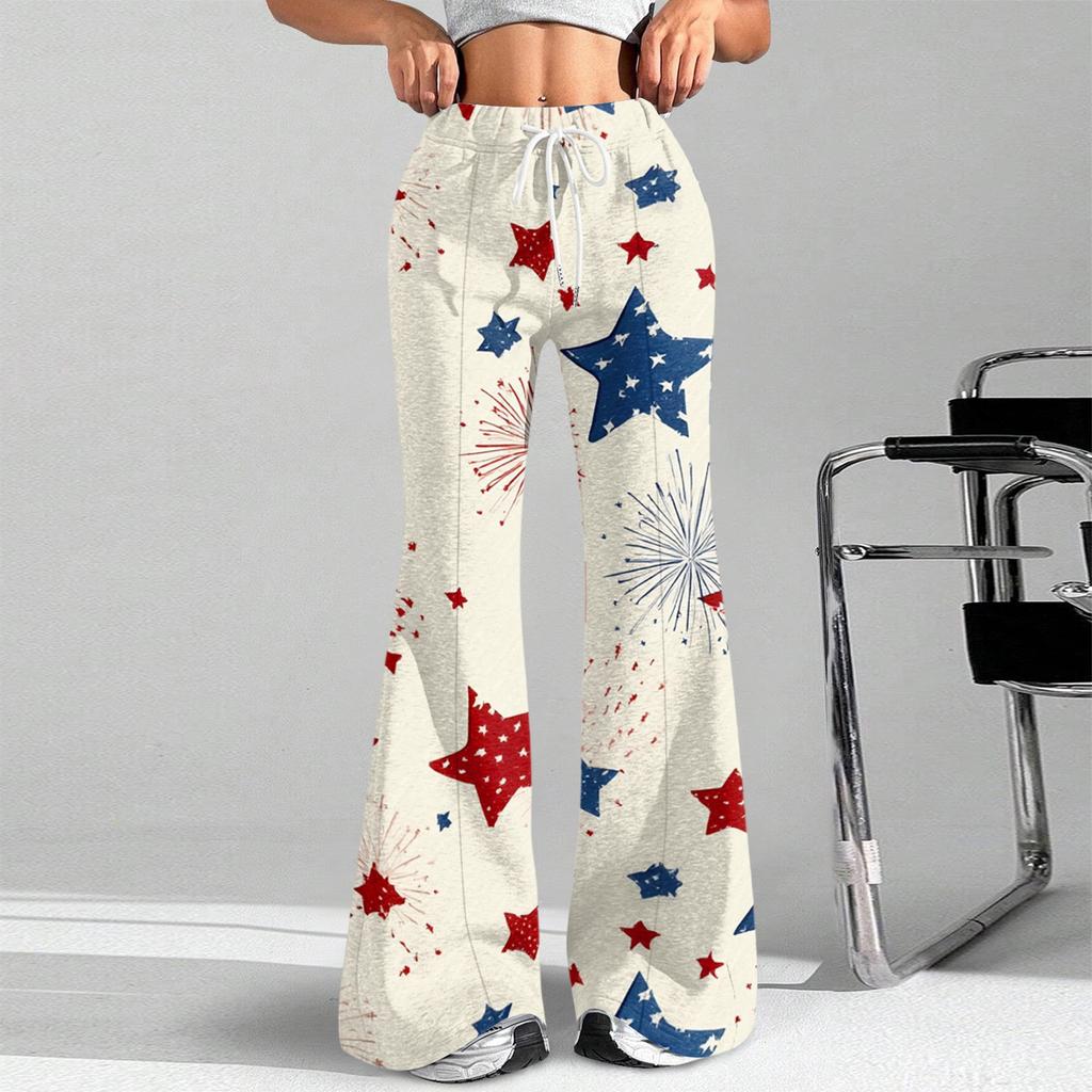 Women's Fashion Loose Drawstring Tight Waist Independence Day Printed Casual Sports Pants Casual Flared Pants
