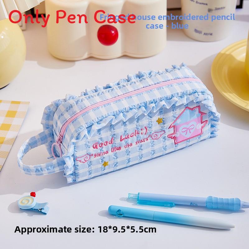 Girls Heart Canvas Pencil Case With Large Capacity And Lace Embroidery For School Supplies