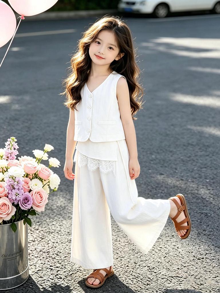 Korean Style Girls' Sleeveless Set - Summer 2026: Lace Trim Vest & Wide Leg Bloomers for Medium and Large Children