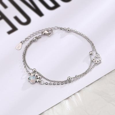 Bracciale in argento Sterling S925 con gatto carino, bracciale a doppio strato, stile di lusso leggero, regalo per fidanzata, gioielli da mano, pietra opale, braccialetto con artiglio di gatto