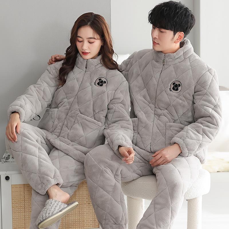 Winter Couple Pajamas Women'S Three-Layer Padded Cotton Thickened And Velvet Winter New Warm Men'S And Women'S Zipper Loungewear Set