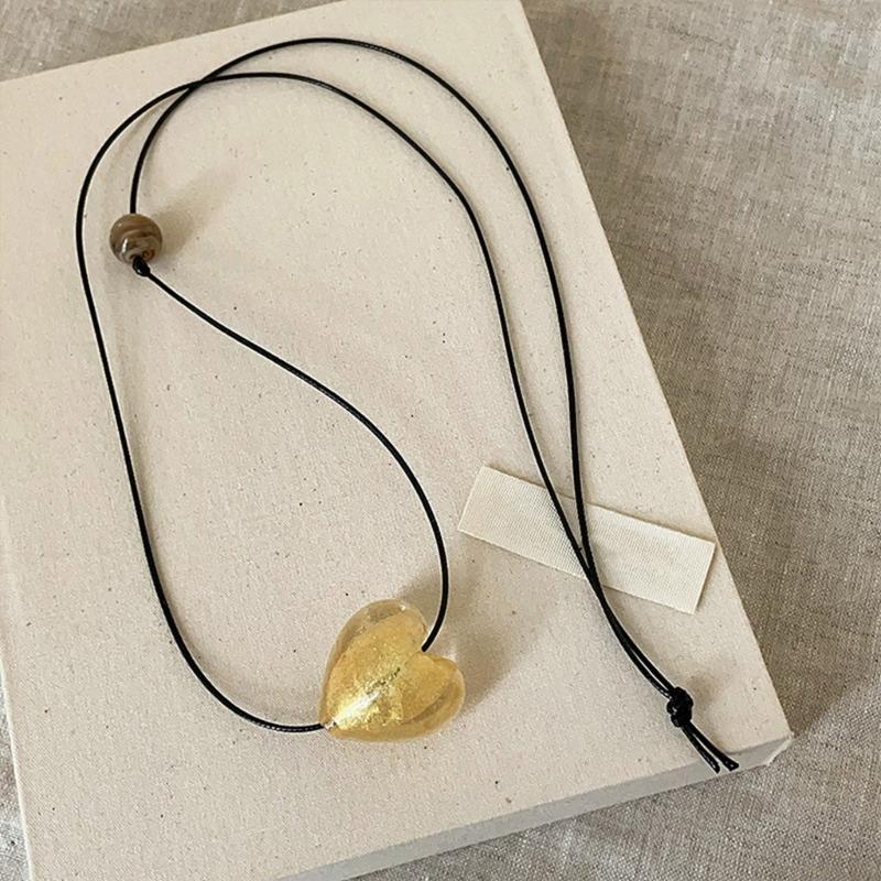 Elegant Handmade Colored Glaze Heart Choker Adjustable Black PU Leather Chain Necklace Trendy Accessory for Ladies