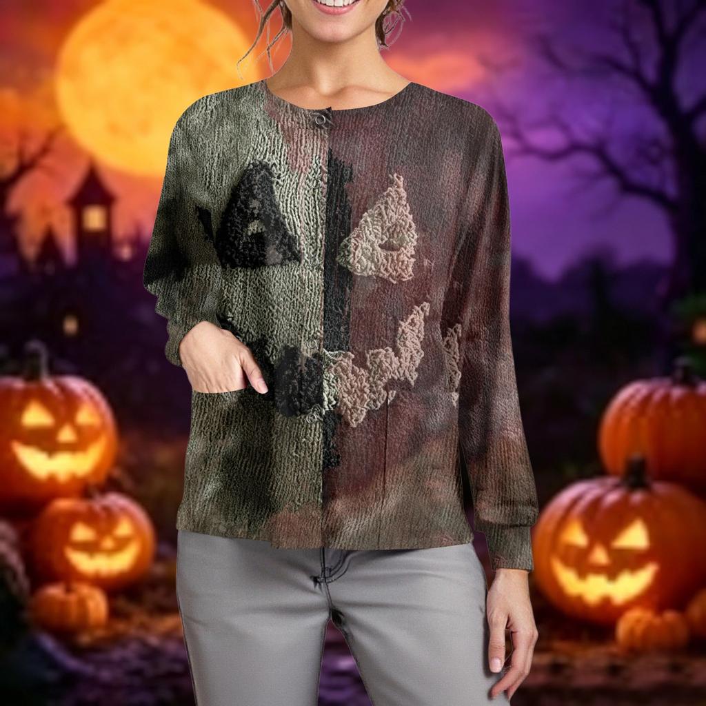 Women Casual Long Sleeve Button Up Cardigan Halloween Ghost Print Lightweight Knit Sweater Top for Caregivers and Everyday Wear