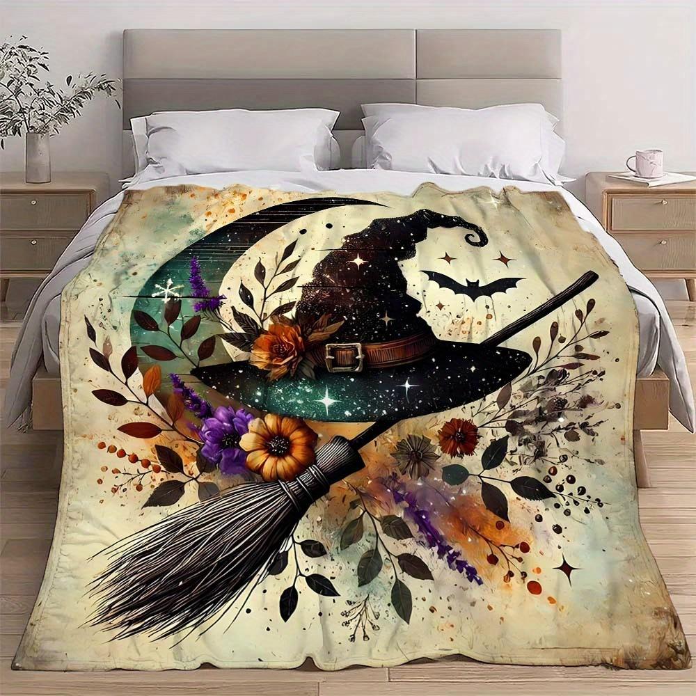 Witch Blanket Magic Moon Bat Broom Soft Warm Cozy Throw for Bed Sofa Living Room Gift
