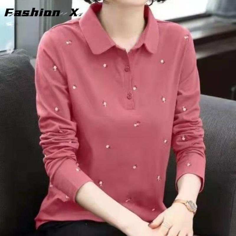 Women's Fashion Casual Spring Fall Long Sleeve POLO Neck Blouses & Shirts
