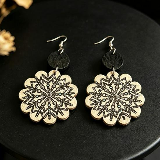 Cross Retro Bohemian Ethnic Print Patchwork Round Wooden Earrings