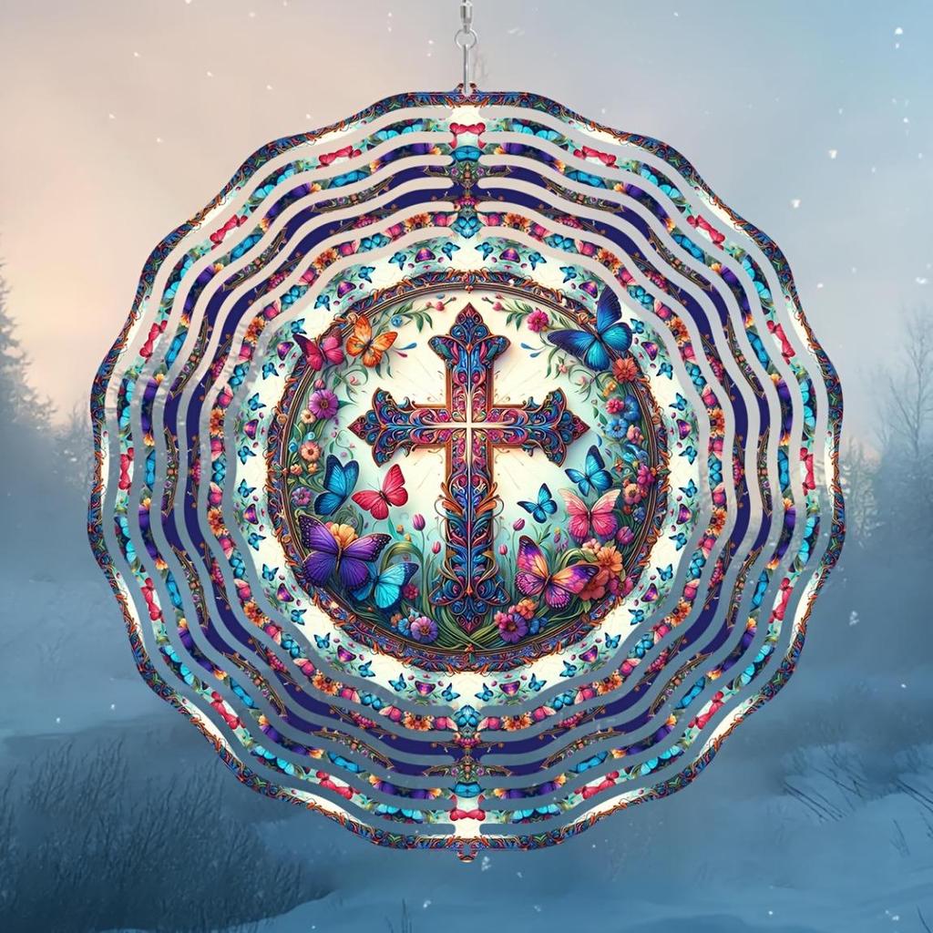 Butterfly Cross Wind Spinner 2D Laser Cut Metal Garden Decor with Floral Design 360 Rotating Hook for Indoor Outdoor Housewarming Gift