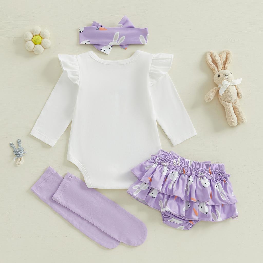 Baby Mädchen Oster-Outfit Hase Langarm Strampler Schleife Lagenrüschen Shorts zum Binden Stirnband Socken Frühlingskleidung