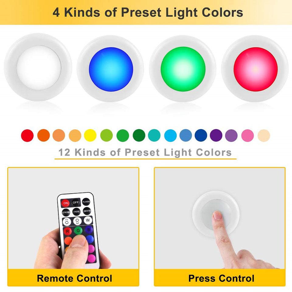 Battery Powered RGB Night Light Led Under Cabinet Lamp Puck Lights with Remote For Home Wardrobe Kitchen Display Case Decoration