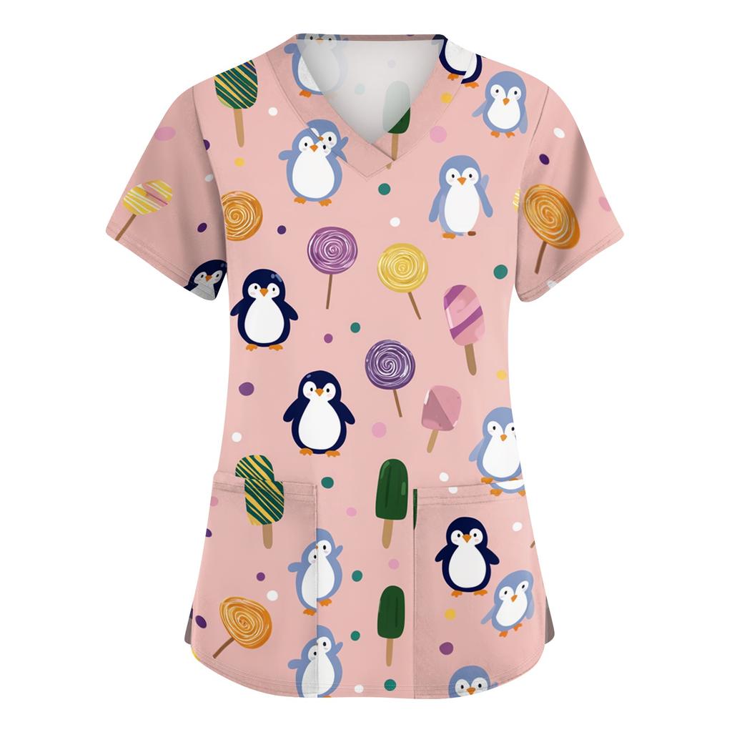 Women's V Neck Short Sleeve Work Top with Pockets Cartoon Print Medical Uniform Scrub Shirt for Healthcare Professionals