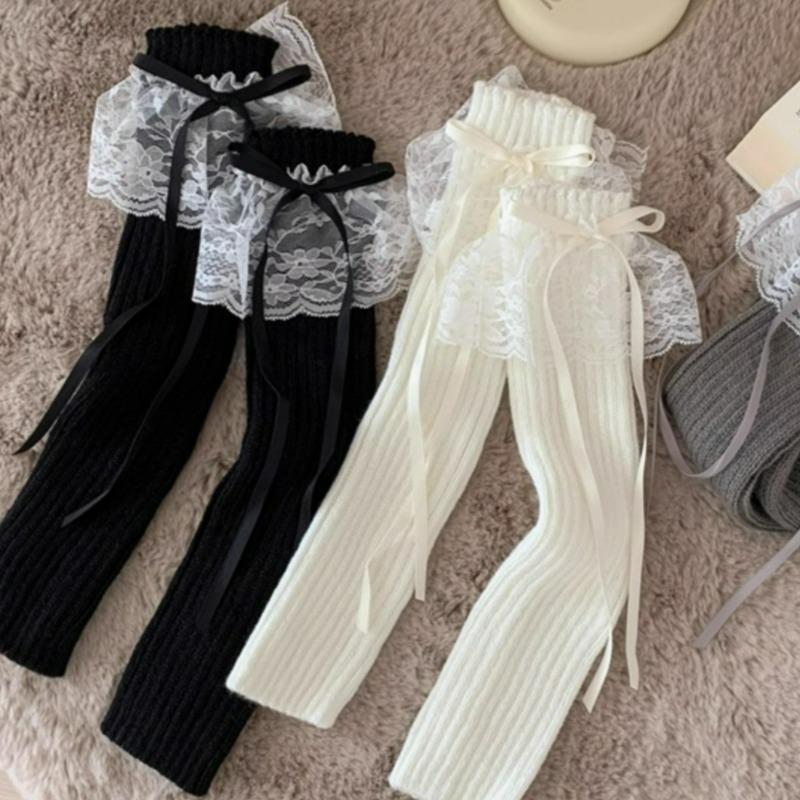 Lace Ribbon Leg Warmers for Women Autumn Winter Korean Japanese Cute Lolita Knee Warmers Socks JK Knitted Girl White Leg Warmers