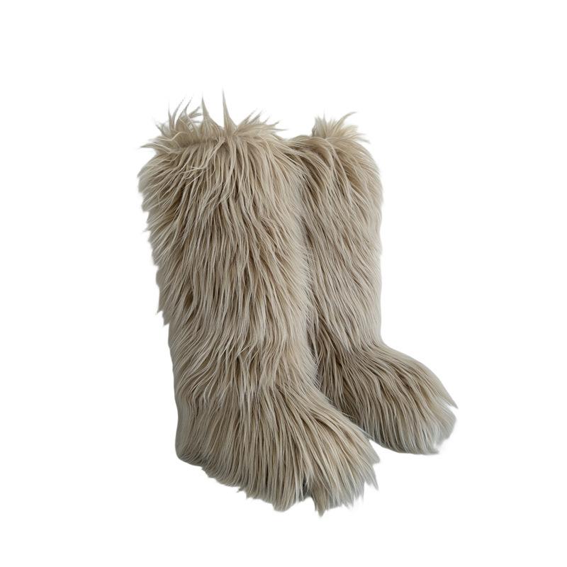 Faux Fur Snow Boot for Women Winter Warm Fluffy Long Furry Long Boots Women's Outdoor Fuzzy Knee-High Boots Plush Warm Snow Shoes for Outdoor Indoor