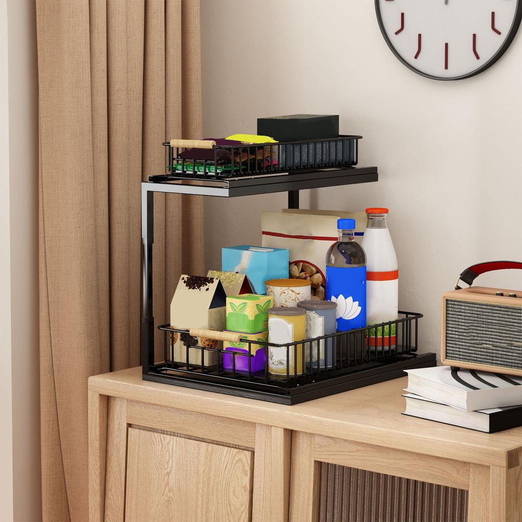 Under Sink Cabinet Shelf Multifunctional Slide Out Double Layer Spice Drawer Storage Sink Shelf for Bathroom Kitchen