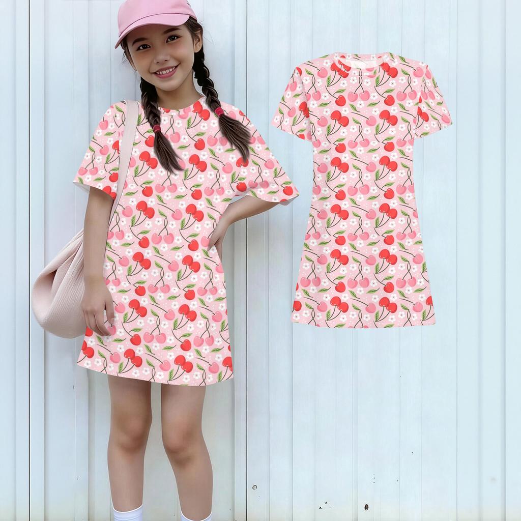 Girls Print Casual Dress Kids Loose Round Neck Short Sleeve Thin Sundress