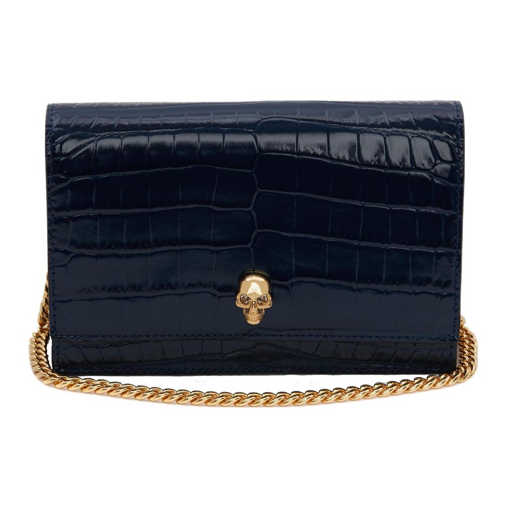 New Alexander McQueen Crocodile Embossed Calfskin Shoulder Bag Small Size Women's Navy 613088-1HB0G-4013