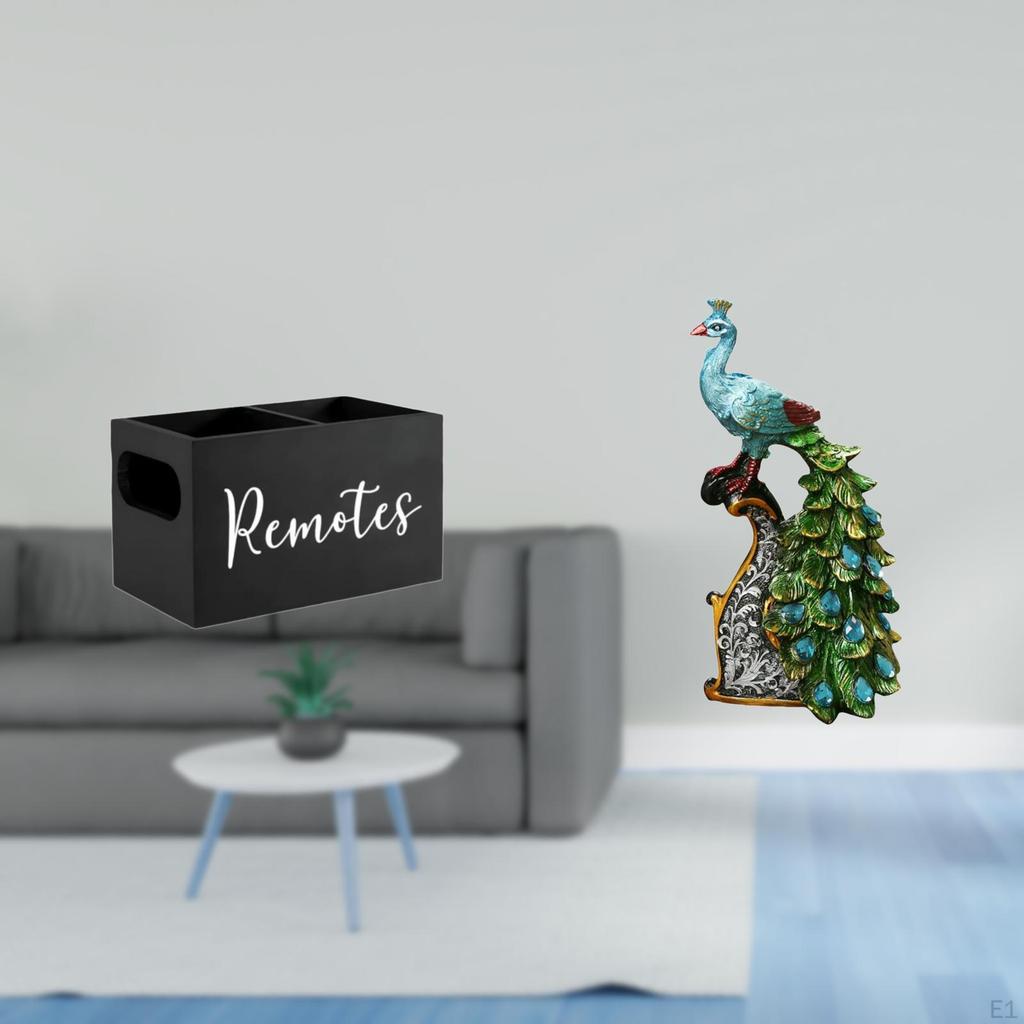 Retro Wooden Remote Organizer And Peacock Sculpture Collection for Tabletop Nightstand Couch Office
