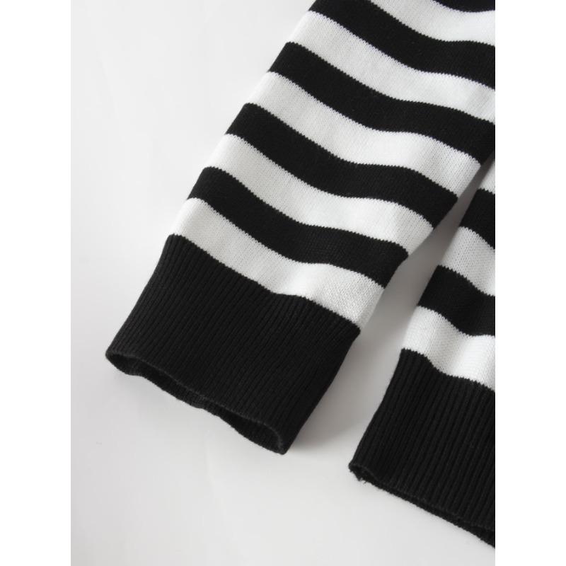 Women's Autumn and Winter Black and White Striped Knitted Cardigan Loose Sweater