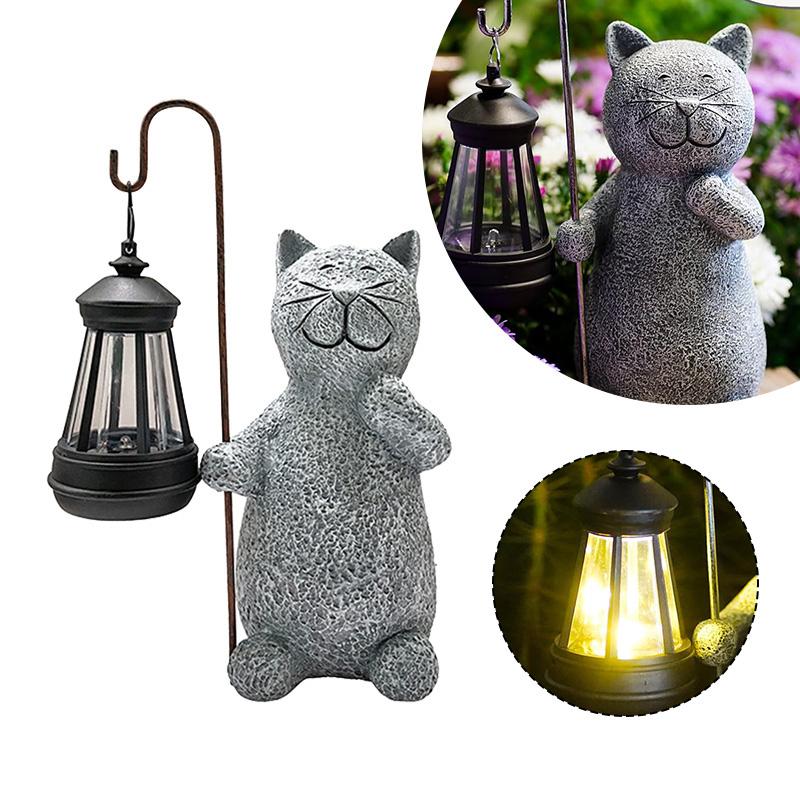 Solar-Katzen-Gartenstatue mit Laterne, wasserdichtes Harz, niedliche Kätzchenfigur, Außenhof-Kunst, dekorativer Weg, Landschafts-Nachtlicht-Ornament