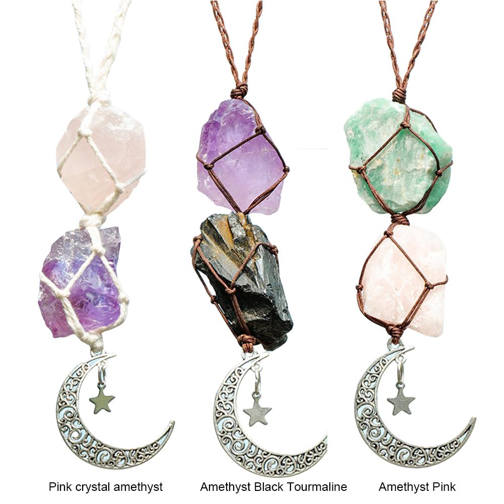 Ornement Suspendu de Voiture en Cristal Améthyste Décoration de Rétroviseur Intérieur Lune Suspendue Pierre Brute de Cristal Tourmaline Noire Décoration de Voiture