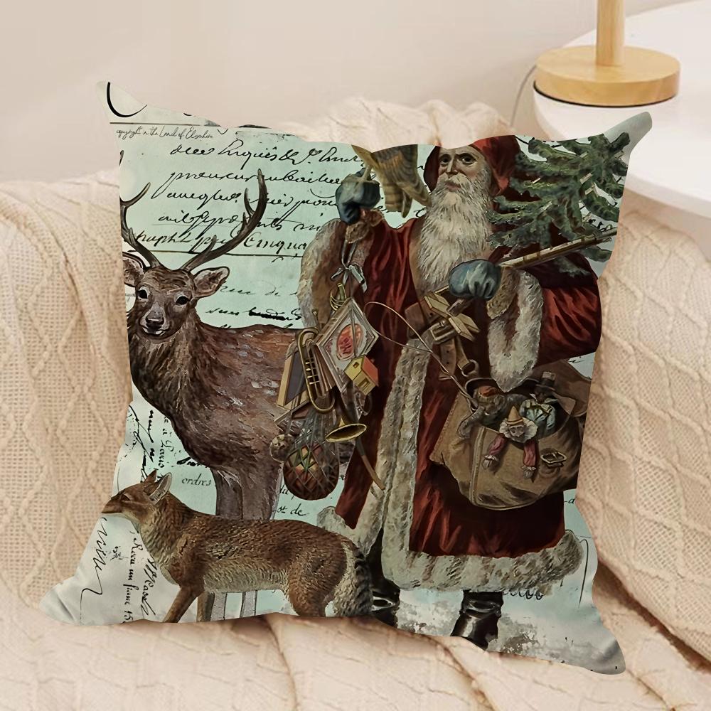 Retro Animal Christmas Cushion Cover Silky Short Plush Invisible Zipper Dustproof Sofa Pillow Case For Home Decor