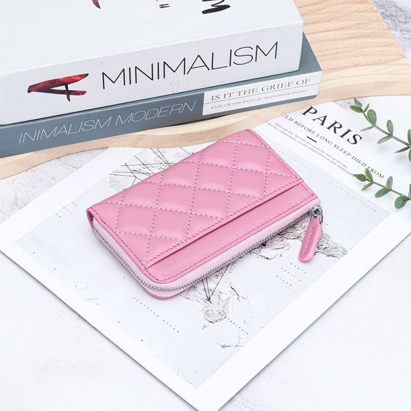 Genuine Leather Women's Change Purse Fashionable Style Rhomboid Plaid Short Wallet Multi-card Card Bag