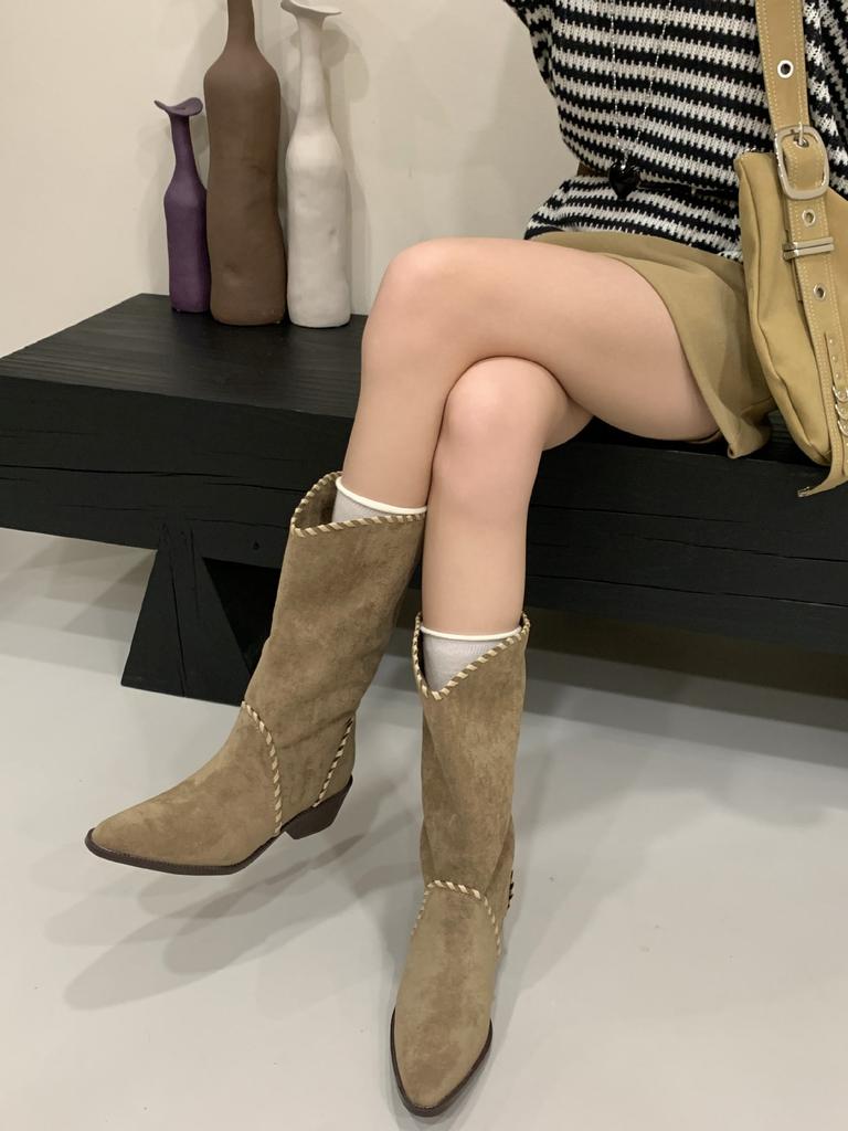 Niche thick heel pointed flanged two wear pile boots short boots western cowboy boots women's 2025 medium boots