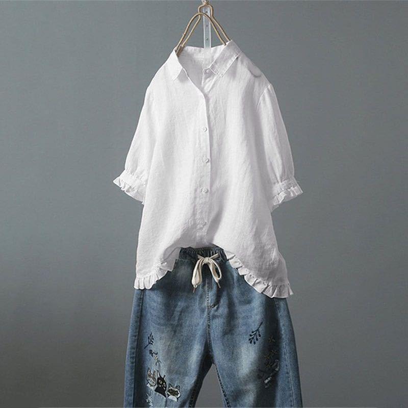 Women s Casual Cotton Linen Ruffle Short Sleeve Single-Breasted Shirt Dark Blue