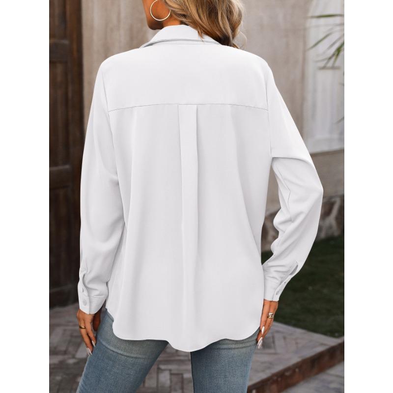 Women's Fashion Casual Spring Fall Solid Color Print Long Sleeve POLO Neck Blouses & Shirts