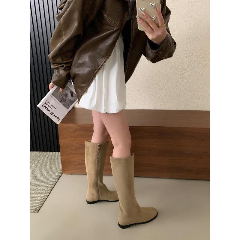 Coarse Heel Khaki Suede Skinny Long Knight Boots Women's Shoes Season White Medium Long Boots