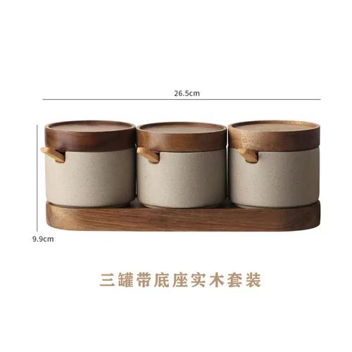 Vaso Ceramica Vintage per Condimenti Stile Giapponese Casa Cucina Sale Peperoncino Zucchero Vaso Olio Coperchio Legno Spezie Utensili Cucina Moderno