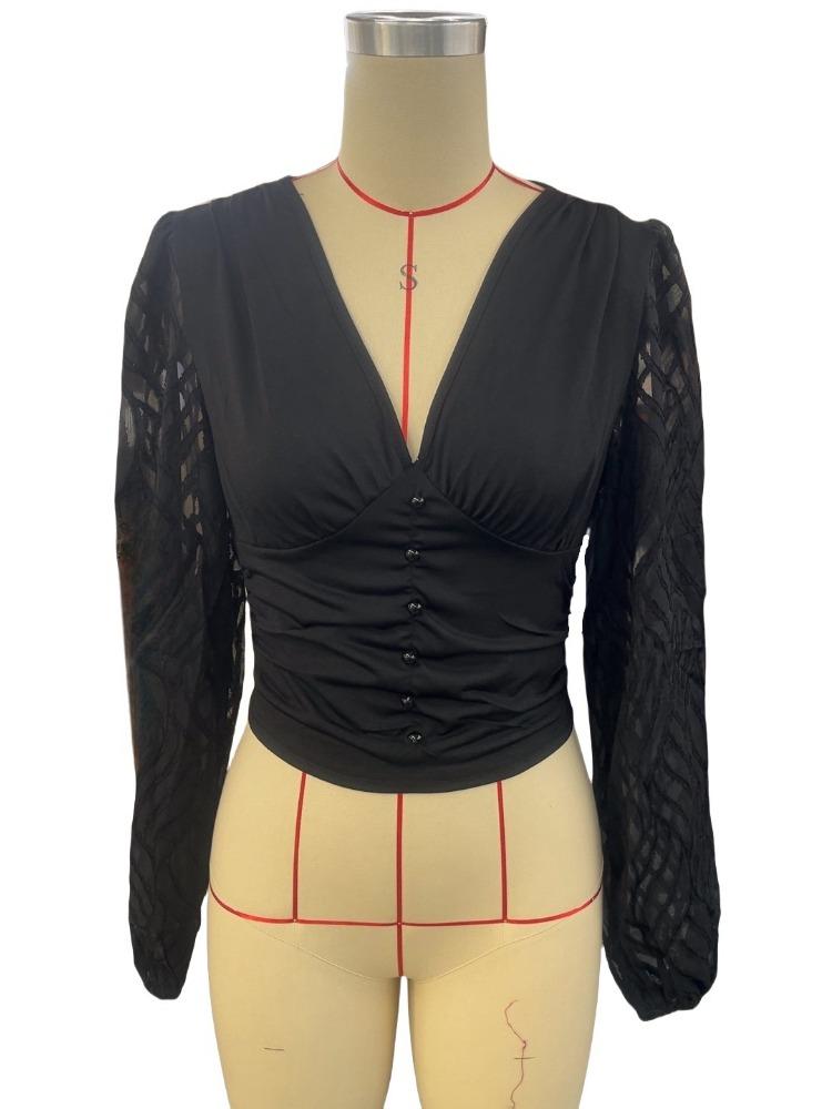 Chiffon Lantern Sleeve Splicing Pleated Waisted V-Neck Long Sleeve T-Shirt Slim Top Women Versatile Closet Essential Fashion Items Shirt