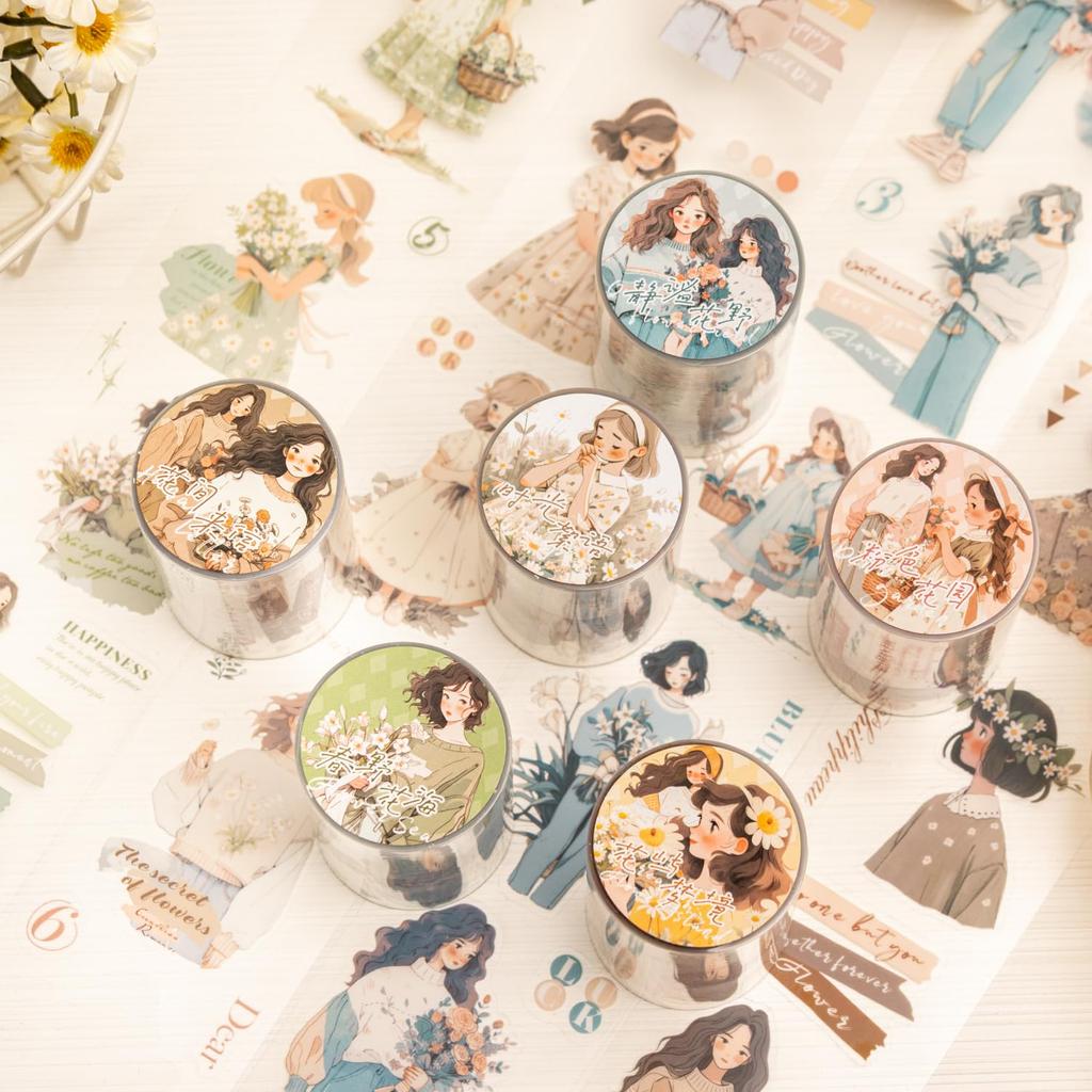 Alideco Masking Cute Retro French Rustic Girl 55mm Wide x 2m PET Adhesive Wide Stylish Masking Sticker 6-Pack Tape, Design, Clear, Water-Resistant