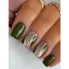 24 Pieces Coffin Shape Green Flash Ripple Line Short Fake Nails For Women And Girls Daily Nail Decoration Press On Nails Nail Supplies