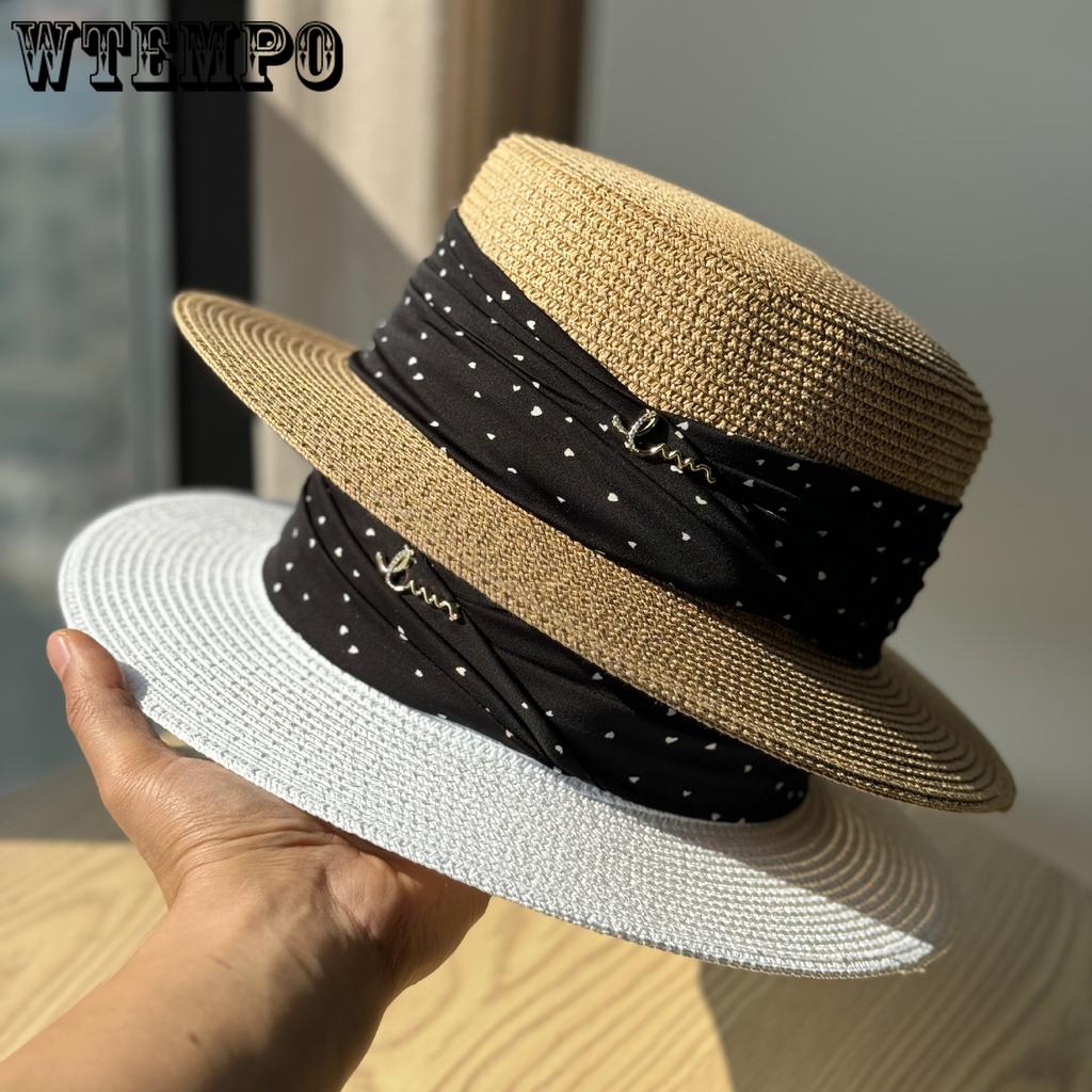 Retro French Polka Dot Straw Hat Women's Summer Seaside Vacation Top Hat Shade Straw Sunscreen Hat