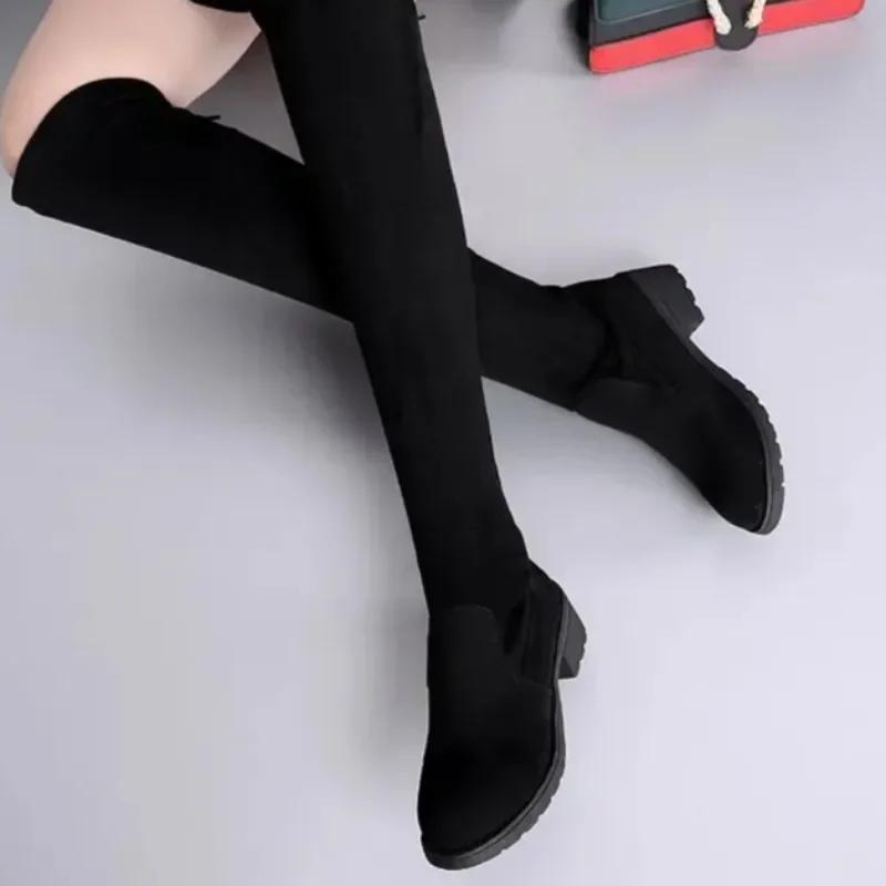 Women Boots Winter Black Over The Knee Boots  New Comfort Lace Up Chunky High Heels Shoes Fashion Warm Suede Round Toe Boots