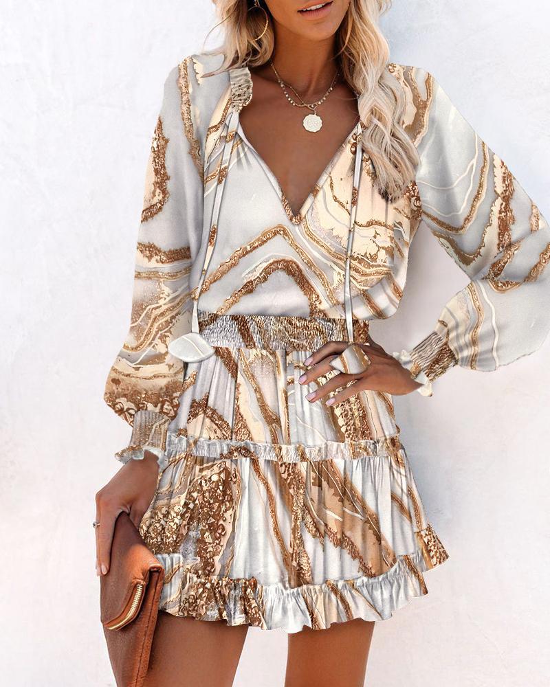 Spring and Summer Long Sleeve V-Neck Fashion Printed Waist Dress Women's Clothing