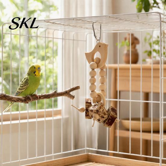 Parrot Chew Toy Wooden Blocks Toy, Bird with Beads Rattan Balls or Dried Star Fruits, Cage Accessory for Small Medium Parrots Cockatiels Budgerigars