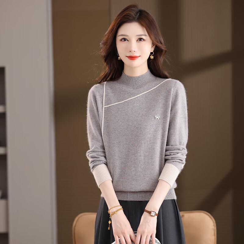 Fengmao Women's Color-Block Semi-High Collar Pullover Sweater