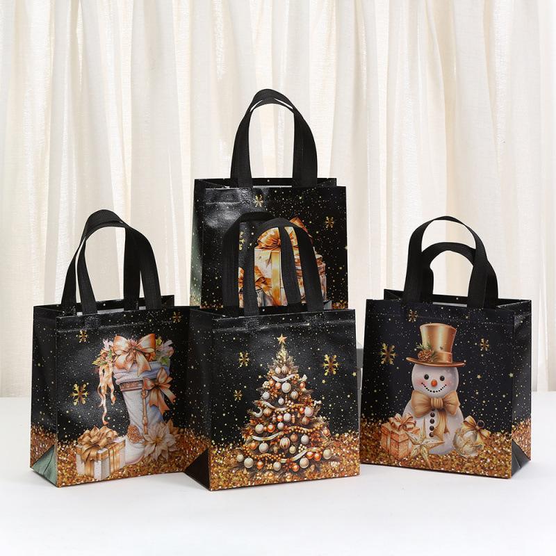 4/12pcs Festive Christmas Gift Bags with Snowman, Tree, Ornament Designs, Black Tote Bags for Shopping -Christmas Gift Bags
