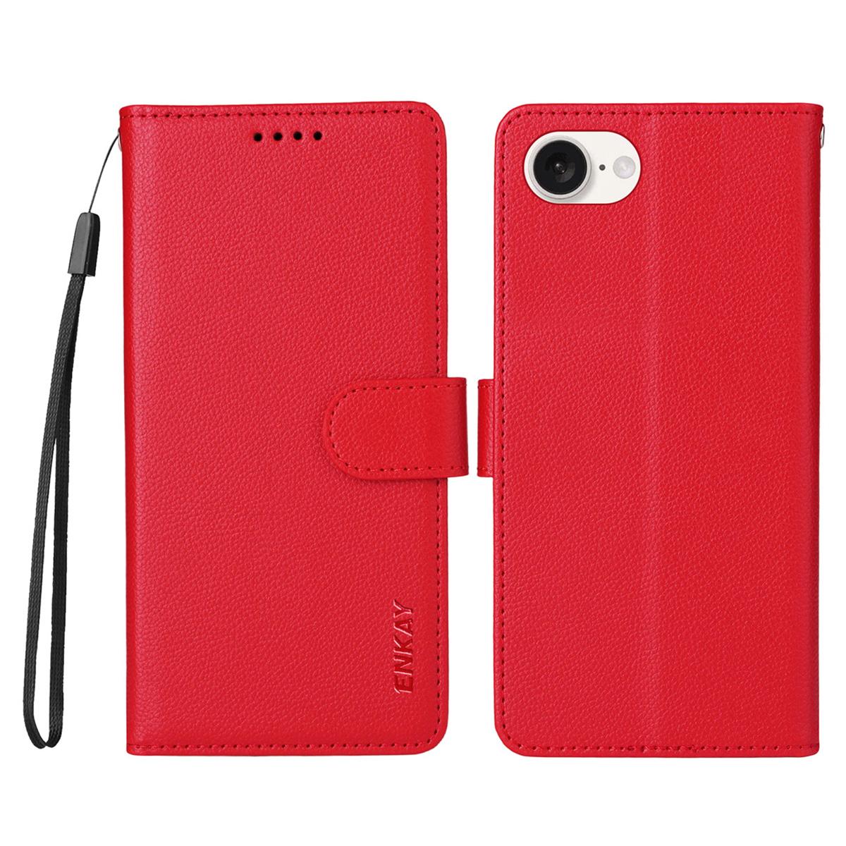 

ENKAY HAT PRINCE For iPhone 16e Wallet Case with Strap RFID Blocking Leather Stand Phone Cover Red