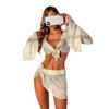2025 Stylish Mesh Long Sleeve Bikini Cover-Up Set - Women's Solid Color 4-Piece Swimwear