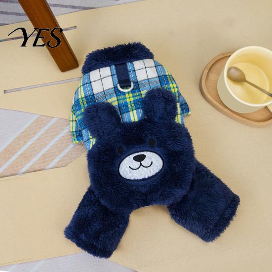 Warm Dog Jumpsuit Fuzzy Bear Jumpsuit, Cute Plaid Outfit, 4-Legged Apparel, Autumn Winter Onesie Plush Lined Cozy Clothes for Small Clothing