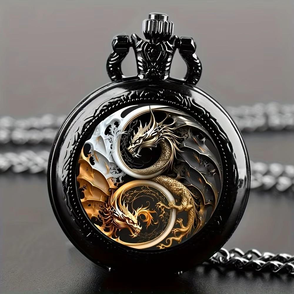 Vintage Retro Gold Bronze Double Dragon Yinyang Quarz Unisex Männer Frauen Taschenuhr Quarz Halskette Anhänger Uhr Kette Klassische Zifferblatt Schmuck Geschenk