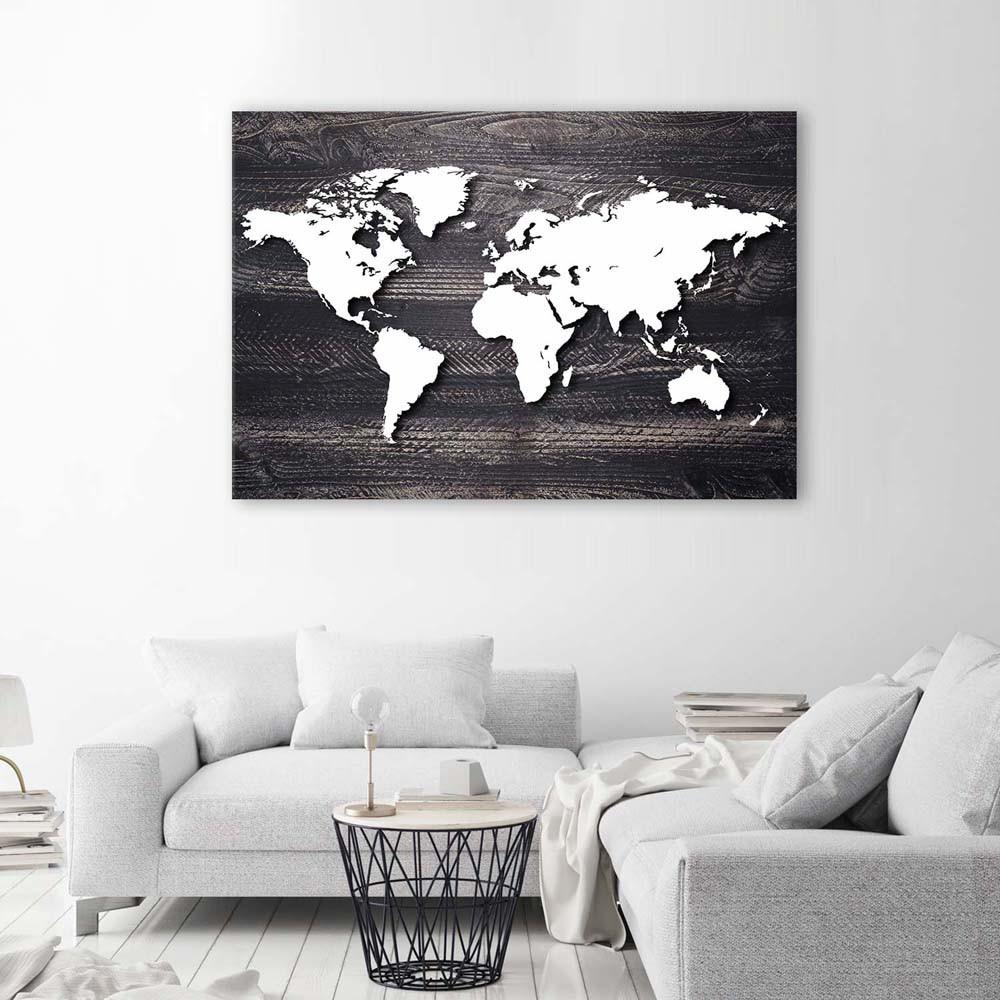 Canvas Print, Map of the World On Grey Wood