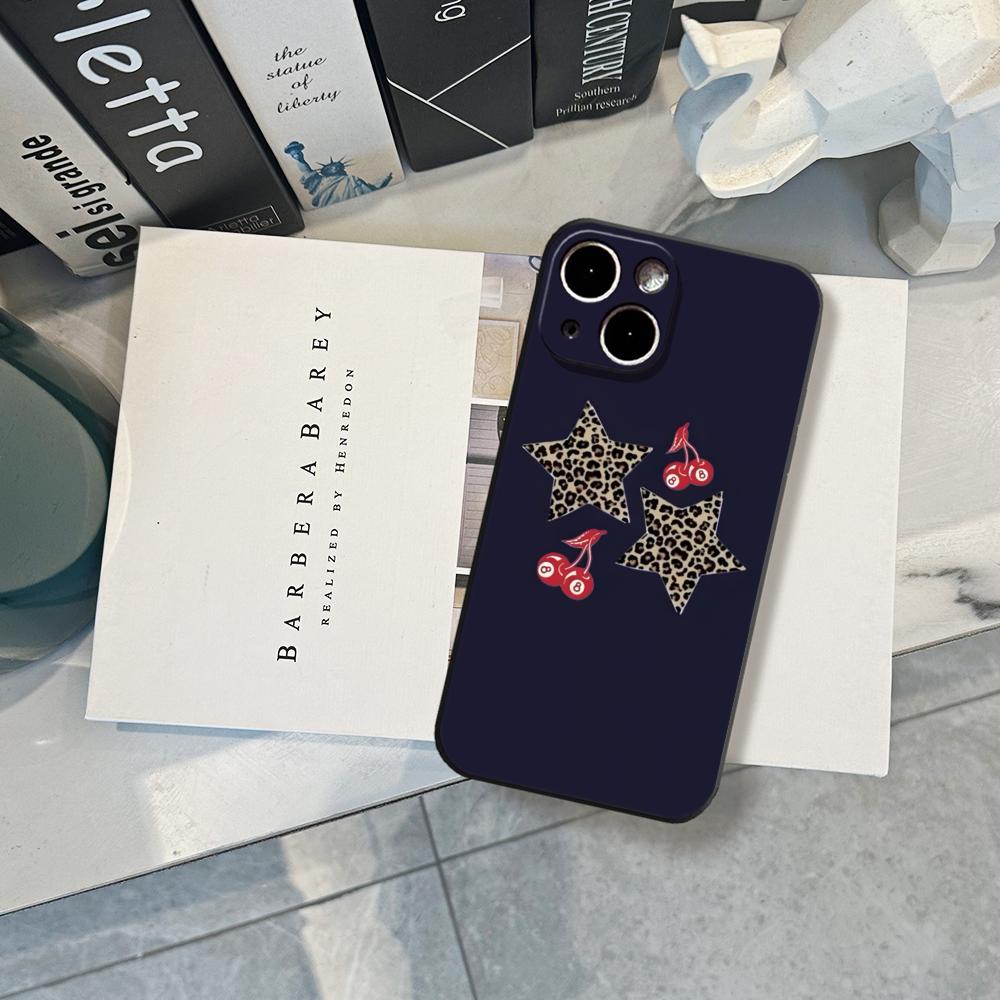 Leopard Print Cherry Star Phone Case FOR IPhone 15 Pro Max 14 11 12 Pro 15 16 Plus 13 Pro MAX XR XS Black Soft Covers