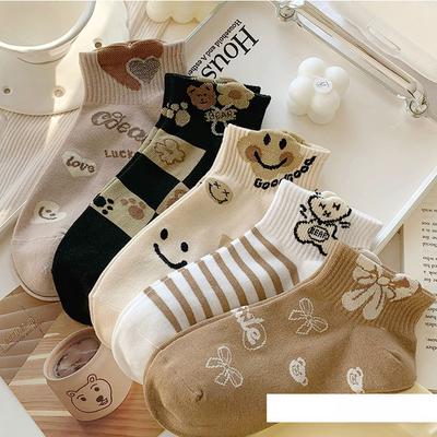 5 párů 3D texturovaných roztomilých kreslených ponožek Bear Love Heart, pohodlné a prodyšné krátké ponožky, dámské punčochy a punčochy