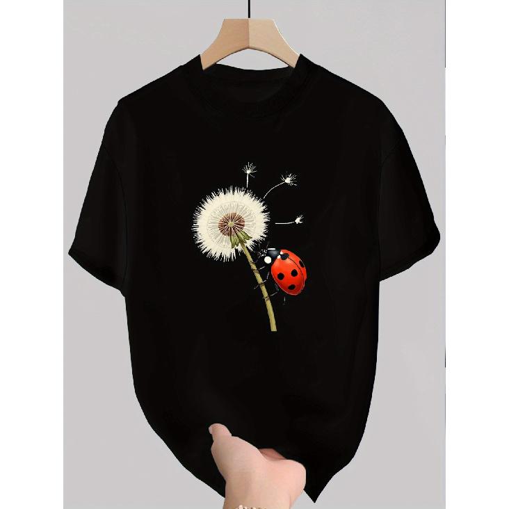 Men's Casual Black Cotton T-Shirt with Dandelion & Ladybug Print - Short Sleeve Round Neck Regular Fit Tee, Machine Washable All-Season Comfortable